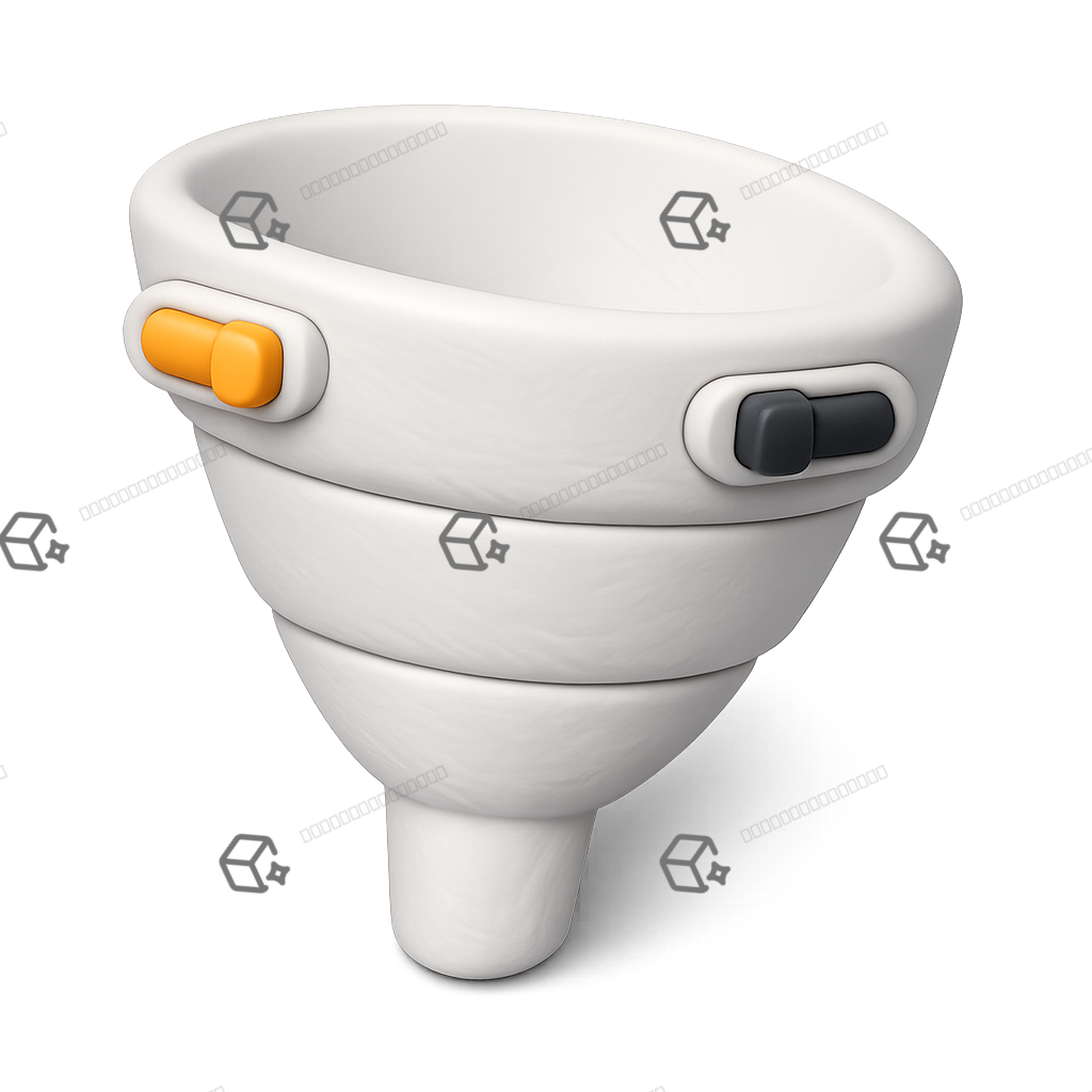 Matte polymer clay 3D filter funnel with three segmented bands and two raised toggle sliders, tilted forward on a transparent background