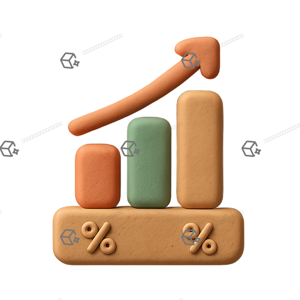 3D Clay Ascending Bar Chart Icon — Coral, Mint, Sand