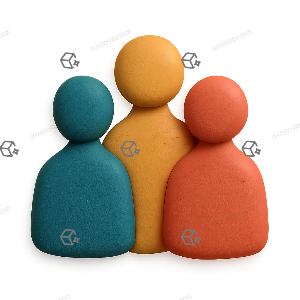 Matte Clay 3D Icon: Trio of People in Teal, Coral & Mustard