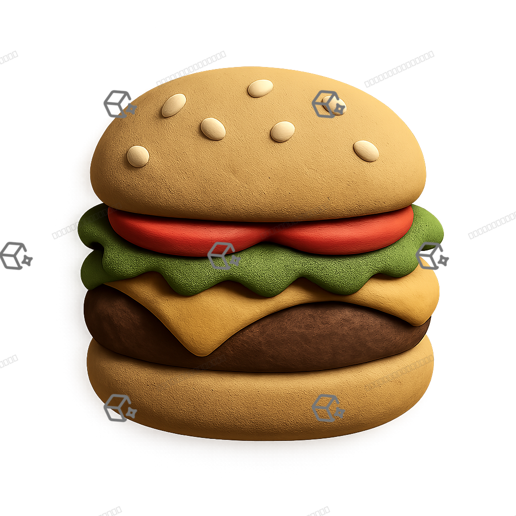 3D Clay Hamburger Icon — Classic Sesame Bun Delight
