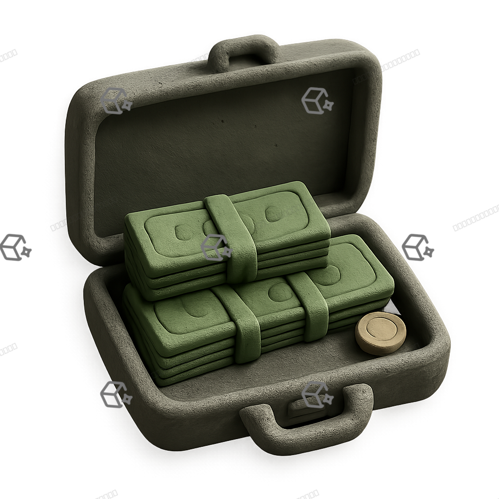 3D Clay Money Briefcase Icon — Cash-Filled Briefcase
