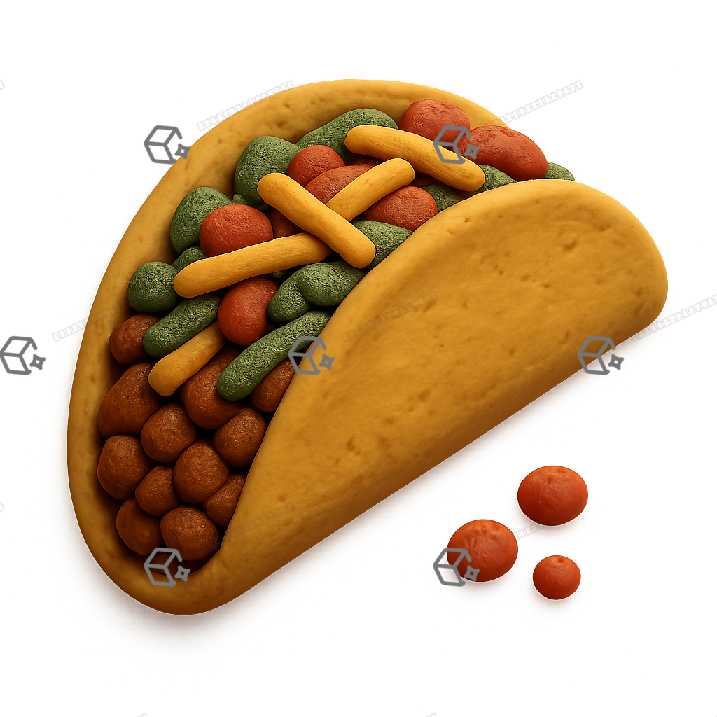 3D Clay Taco Icon — Folded Taco with Fillings Spilling